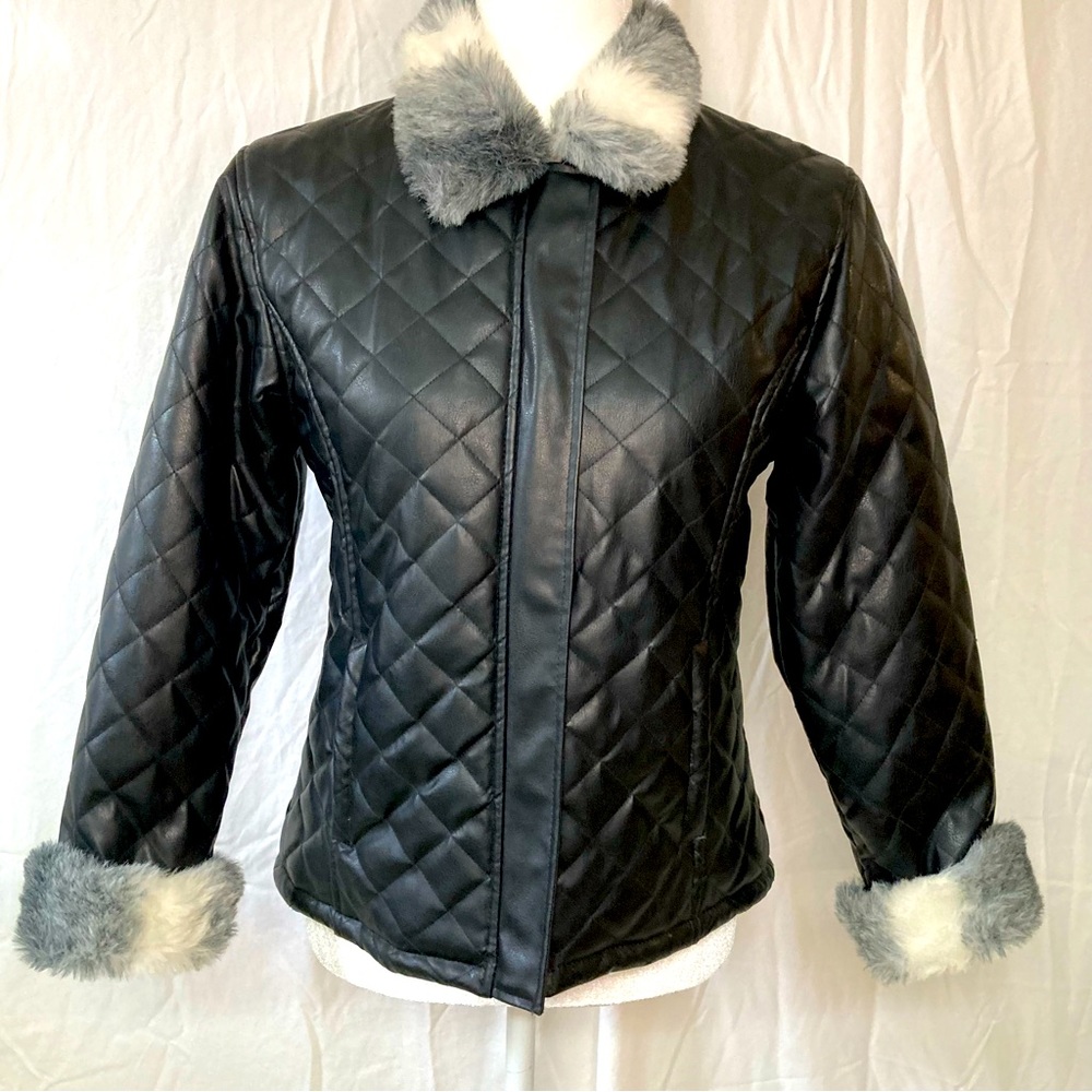 KC Colections Black Faux Leather Quilted Jacket With Faux Fur Collar Size Large